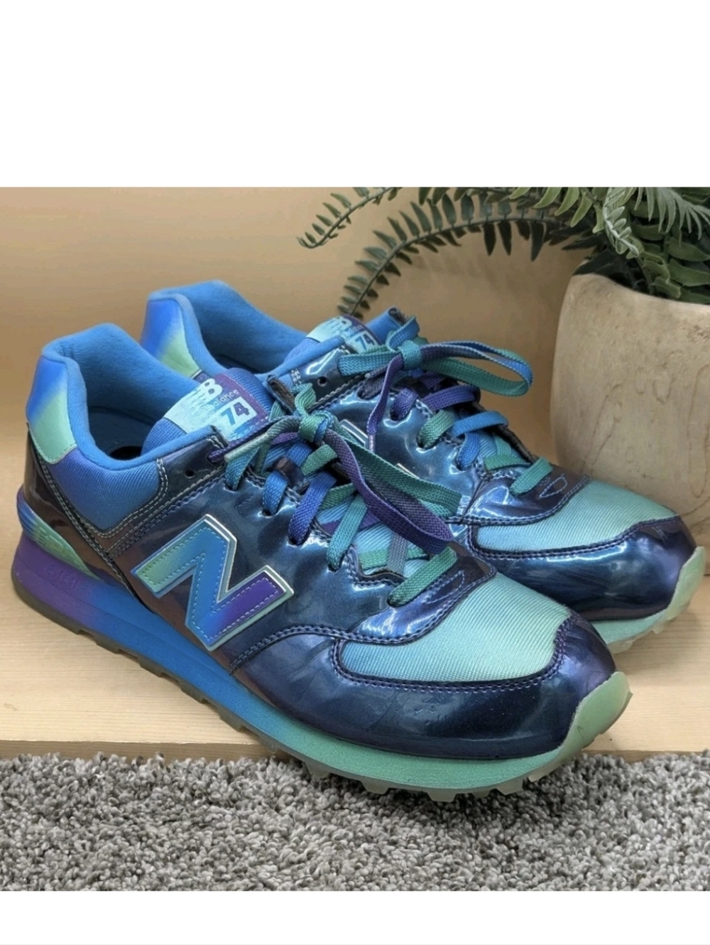 New Balance 574 Rainbow Pack Mens Size 12D Shiny Patent Leather Running Shoes